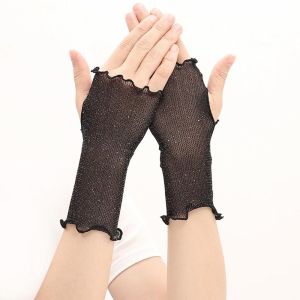 TKNUS Breathable Elegant Elastic Ruffle Anti-UV Transparent Driving Touch Screen Fingerless Gloves Mesh Half Finger Gloves Women Mittens