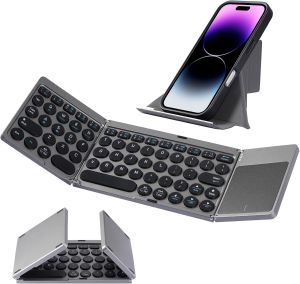 Portable Tri Fold Bluetooth Keyboard with Touchpad for iPad Tablet iPhone Android Windows Multi Device Foldable Travel Keyboard. 3-Channel Connection Multi-Device Instant Switching