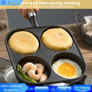 [Vodool Brand Center]4-Hole Frying Pan Wooden Handle Non Stick Breakfast Burger Egg Pancake Maker Frying Pot for Gas Stove Induction Cooker