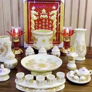 Bộ Đồ Thờ Cúng Gia TiênThần Tài Vàng Kim Gốm Sứ Bát Tràng Cao Cấp