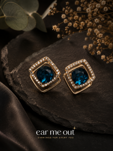 [SG] Blue Crystal Geometric Stud Earrings | Gold Tone Square Statement Earrings | Modern Sparkling Studs | Elegant Fashion Jewellery | ear me out (EMO-120)