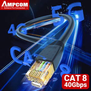 AMPCOM CAT8 KABEL INTERNET 24AWG Jaringan Jumper S/FTP Shield Kelas Industri 50U Berlapis Emas 40Gbps Antarmuka RJ45