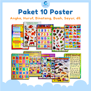 Paket 10 Poster Belajar Anak Edukasi Angka Huruf Binatang Buah Sayur dll