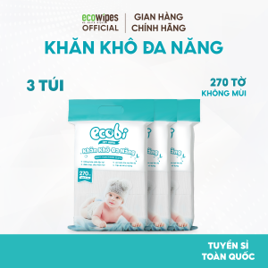 Combo 03 túi khăn vải khô đa năng 270 tờ cao cấp an toàn cho bé Ecowipes không mùi mềm dai thấm hút tốt