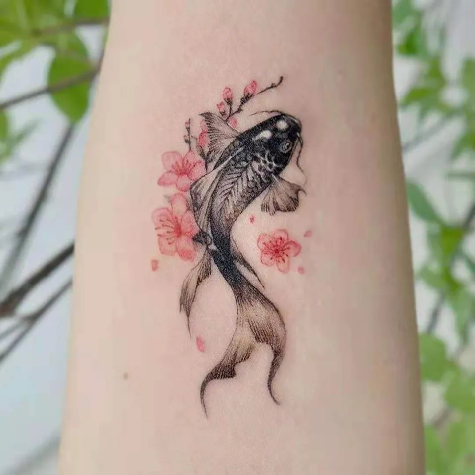 Plum blossom carp half-arm temporary tattoo stickers waterproof men and  women long-lasting calf flower fish tattoo stickers