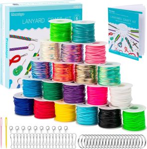 Lanyard String 20 Rolls Gimp String Plastic Strings Lacing Cord Boondoggle Strings Kit 1200 Feet and 52Pcs Keychain Lanyards Accessories for Keychain Crafts Bracelet with Instruction