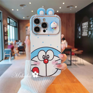 MrHaHa Casing For iphone 15 promax 15pro 15plus 16 14 13 12 11 7 6 X Xs Xr Pro Max Cartoon Cute 3D Winnie The Pooh Doraemon Advanced Electroplated Large Window Lens Phone Case Lens Protective Silicone Shockproof Soft Back Cover