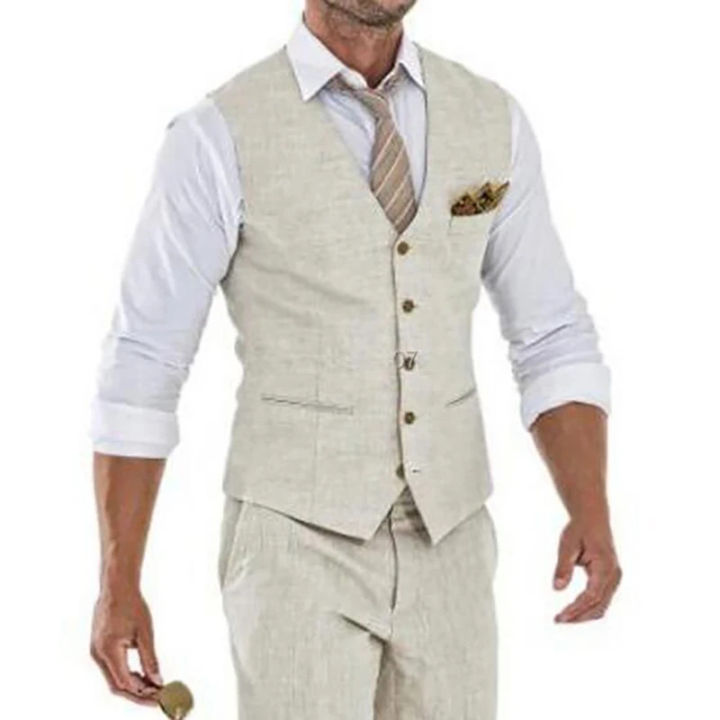 Beige Linen Suit Vest for Men Wedding Summer Beach Waistcoat V Neck Male  Fashion Gentleman Clothing Lazada PH