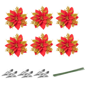 14cm Glitter Christmas Flowers Artificial Poinsettia Flower Head Xmas Tree Ornament Home New Year Decoration