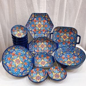 Sét Thổ Cẩm xanh Dương sang chảnh Bát Đĩa Sứ Decor Bát Ăn cơm Bộ chén dĩa sứ dễ thương cute cao cấp