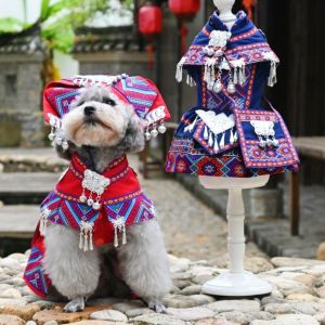 OUTOPEN Adjustable Zhuang Ethnic Style Pet Dress Vintage Imitation Silver Jewelry Cat Dog Shawl Hat Funny Soft Pet Cosplay Costume For Small Medium Large Dogs