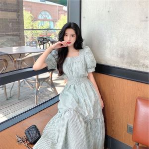ELF TRIBE New French Vintage Dress Plaid with belt Dresses Puff Sleeve Square Neck Dress For Women