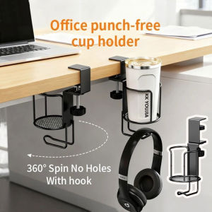 2 in 1 No Drill Desk Cup Holder Adjustable Upgraded Arm Clamp Stand 360 Degree Rotating Table Edge Clamp Anti-Fall Cup Holder