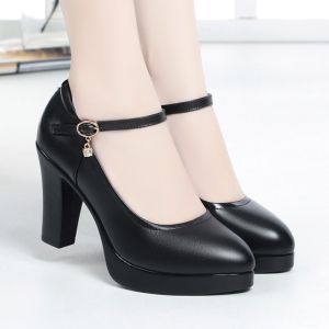 Free Shipping WomenS New Autumn Collection: Casual Round-Toe Chunky-Heel Single-Strap Professional Black Work Shoes