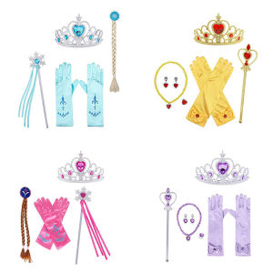 Girl Frozen Princess Wand Crown Set Children Anna Magic Wig Gloves Ring Earring Set
