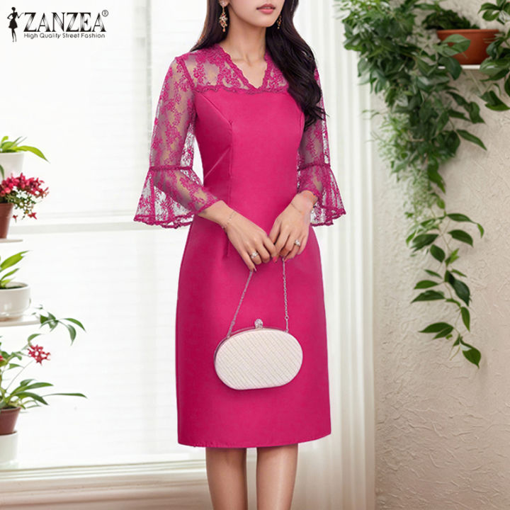 ZANZEA Korean Style Women Street Fashion V-Neck 3/4 Sleeve Dresses Lace  Patchwork Knee Length Plain Dress #0609 Lazada