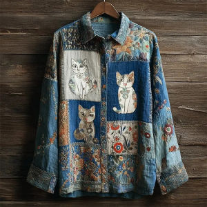 3D Cat Piano Print Retro Linen Shirt for Men Long Sleeve Button Down Shirt Retro Clothing Casual Retro Style Top