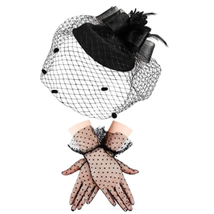 2pcs Ladies Royal Yarn Veil Hat Wedding Cocktail Party Mesh Gloves Women Veil Mesh Feather Hat Party Fedora Cap