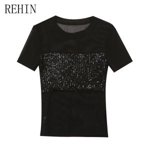 REHIN Summer new ice silk crystal yarn elastic slimming S-3XL mesh splicing sequin stylish short-sleeved T-shirt