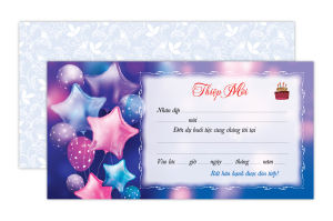 Bộ 10 thiệp mời sinh nhật màu tím 15.5 x 8cm (Thiệp in 1 mặt)