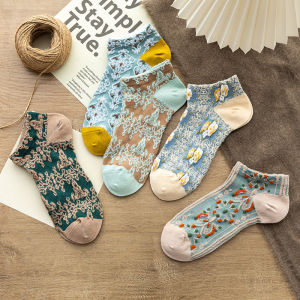 Ethnic Embroidered Pure Cotton Ankle Socks Ladies Breathable Soft Short Socks Vintage Floral Casual Socks Everyday Wear