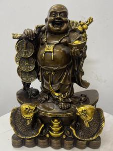Bức Tượng Di Lặc Cưỡi Cá Chép Đồng Khối Dày Kích Thước Lớn 45cm - Đồ Trang Trí Phong Thủy Tài Lộc