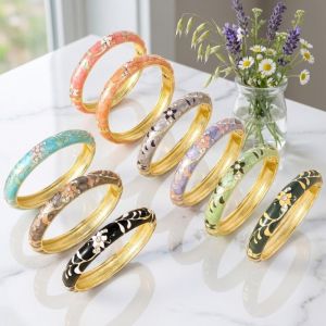 MEEU Enamel Floral Vintage Cloisonne Bangle Colorful Traditional Flower Crystal Bangle Elegant Classic Womens Hand Bracelet Ladies