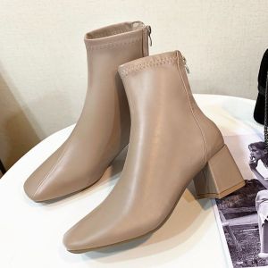 Terbaru Mewah Musim Panas Formal Kerja Korea Cantik Kulit Sepatu Boots Wanita Cewek Resleting Tinggi Hak Empuk Kekinian 233