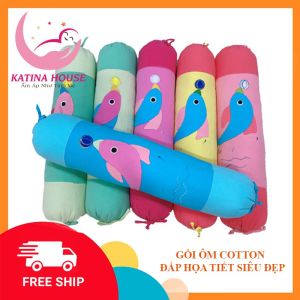 Gối ôm trẻ em dài 70cm Katina House vải cotton cara mềm mại thoáng mát họa tiết đắp hình cá