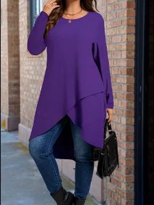 Plus Size Womens Elegant Asymmetrical Hem Long Sleeve T-Shirt Round Neck Casual Top Solid Color All-Season Clothing Pullover2026