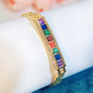 SEQUITO Temperament Women Wrist Jewelry Gold Plated Pave Setting Colorful Princess Cut AAAAA Cubic Zirconia Engagement Bracelet B343