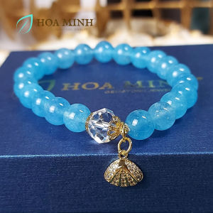 Vòng tay Ngọc Hải Lam Aquamarine 8 li phối viên thạch anh trắng oval cắt giác ốp hoa charm treo sò đính đá | Hoa Minh Gem