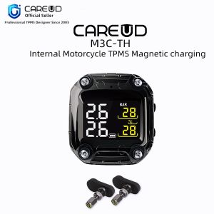 CAREUD M3C-TH Motorcycle Wireless TPMS Tire Pressure Monitoring System Digital LCD with Two Black Internal Sensors Easy to install