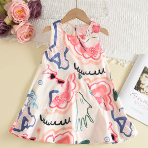 Bear Leader Girls Mori Dress Net Red Summer Dresses Small Fresh Fashionable Western Style Childrens Skirt Vest Skirt Han Fan Cartoon Print Clothing 3-7 Years