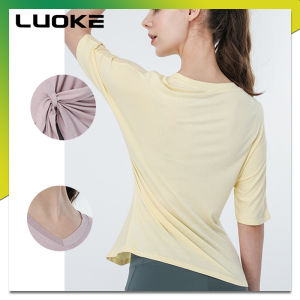 Luokeคอวีผ้าฝ้ายแขนสั้นเสื้อยืดสตรีโยคะกีฬายอดนิยมแขนสั้นผู้หญิงสบายๆหลวมพอดีด้านบน