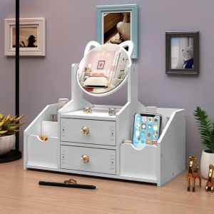 KỆ ĐỰNG ĐỒ TRANG ĐIỂM MỸ PHẨM TRANG SỨC  ĐỒ DÙNG CÁ NHÂN NHIỀU NGĂN KÈM GƯƠNG TAI MÈO DỄ THƯƠNG