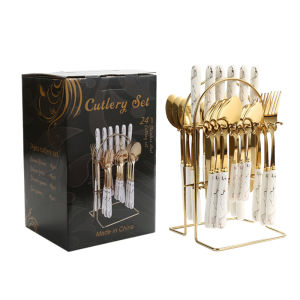 BHQ 24pcs Spoon Fork Set Nordic Style Stainless Steel Cutlery Set with Storage Rack Gift Set Sudu Garfu Set