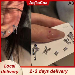 [COD] AqToCna Ship within 24 hours 6Pcs set Simple Crystal Stud Earring Set For Women Butterfly Zircon Earrings Girl Party Wedding Engagement Jewelry Accessories