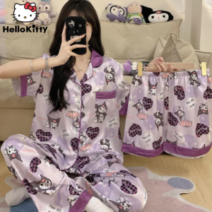Sanrio Kuromi Silky Summer 2 Pcs Pajamas Female Ice And Snow Silk Casual Student Fashion Womens Sleepwear Home Clothing Set