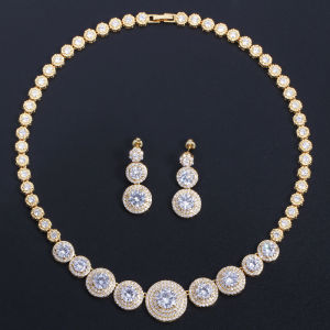 SEQUITO Gorgeous Cubic Zirconia Diamond Round Charm Choker Necklace Set with Drop Earrings Yellow Gold Plated Bridal Wedding Jewelry for Brides SJ267