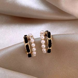 LL 18K GOLDEN Fashionable temperament Black Velvet Pearl Circled Earrings ES69184