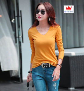 [ Hàng Hot * ] Áo thun nữ cổ tim tay dài vải cotton đẹp dễ mặc dễ phối đồ mặc bốn mùa