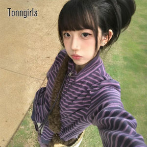 Tonngirls Y2k Japanese Sweatshirts Women Long Sleeve Striped Stand Collar Sweatshirt High Street Graphic Winter Coats E-girls2026