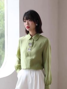 Ammin 2024 Spring High Quality Doll Collar Long Sleeve Embroidery Shirt for Women Korean Style Fashion Elegant Loose All-Match Bubble Chic Embroider Jacket