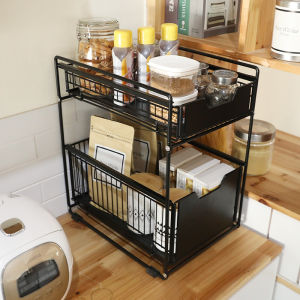 2 Tier Sliding Cabinet Basket Pull Out Organizer Drawer Ideal Countertop Pantry Under The Sink Desktop Storage