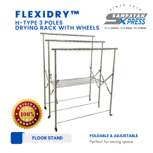 FlexiDry™ Adjustable Stainless Steel 3 Pole Portable Laundry Drying Rack with Wheels and Adjustable Height - Space-Saving Floor Stand