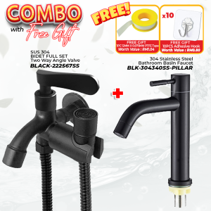 BLACK-222567SS Stainless Steel 304 Two Way Tap with Nozzle Bathroom Toilet Faucet Black Oxide Coated Tap Set with Bidet