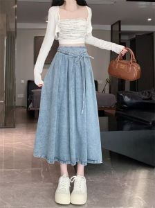 Rok denim bertali baru gaya Korea untuk wanita desain musim semi pinggang tinggi pelangsing rok payung panjang sedang