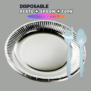 DWare [𝟓𝟎𝐩𝐜𝐬 𝐏𝐀𝐏𝐄𝐑 𝐏𝐋𝐀𝐓𝐄 - 𝟓𝟎𝐩𝐜𝐬 𝐒𝐏𝐎𝐎𝐍 - 𝟓𝟎𝐩𝐜𝐬 𝐅𝐎𝐑𝐊] - black white silver - disposable - set party durable plastic business catering food cart