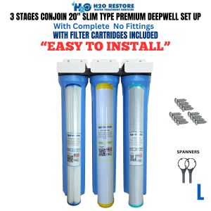 Water Filtration System 3 Stages 20" Slim Type Deepwell Premium Set Up Complete Set of 1 Washable Pleated Filter and 1 Carbon Block 1 Disposable Water Softener Different Variation